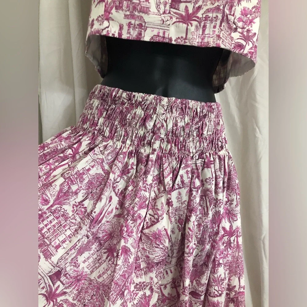 Joie 2pc pink white multi nautical strap crop top & smocked skirt set size Small